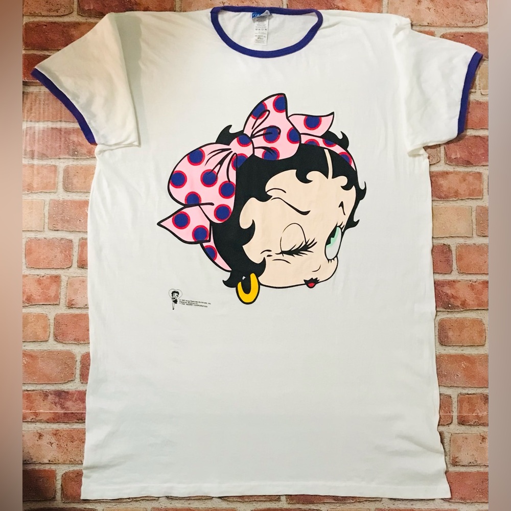VTG Betty Boop Oversized T-Shirt Big Bow Winking Cutie One Size Night Shirt 1997